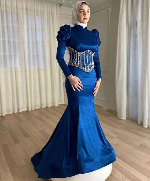 Aso Ebi Muslim Meerjungfrau Abendkleider 2023 Königsblau Perlen Kristalle Puffy Langarm Hijab Ramadan Abschlussball Anlass Kleid