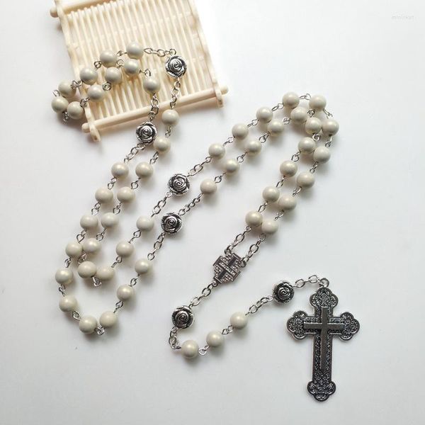 Anhänger Halsketten Kirchenkranz Beige Gebetskette Kette Katholischer Rosenkranz Halskette Vintage Kreuz Y-Halskette Religiöse Lieferungen Schmuck