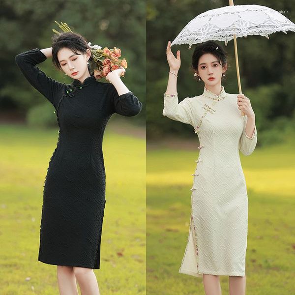 Etnik Giyim Siyah Vintage Düğmesi İnce Kadınlar Cheongsam Çin Geleneksel Yüksek Çatal Mandarin Yakası Qipao Muhteşem Bayanlar Gece Elbise