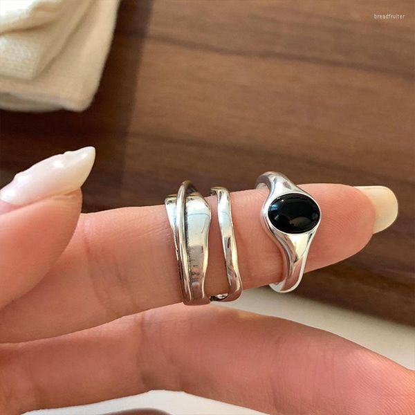 Кластерные кольца 925 Стерлинговая серебряная мода хип -хоп винтажные пары творческий черный камень