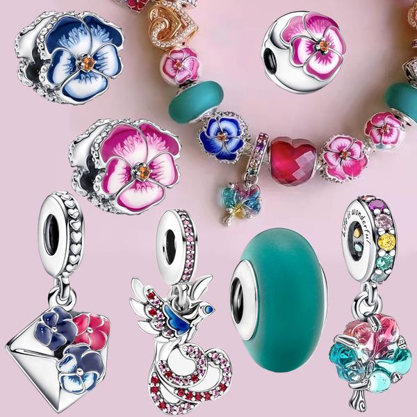 Il fascino dei gioielli della sospensione della cassetta postale del fiore rosa blu dell'argento sterlina 925 è adatto per gli accessori di modo dei gioielli del braccialetto Pandora originali Trasporto libero