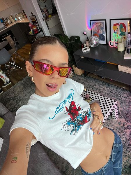 Womens TShirt 2000s Streetwear Harajuku Goth Magliette a maniche corte Y2K Moda pesce rosso Lettera Stampa Baby Tees Summer Egirl White Crop Tops 230323