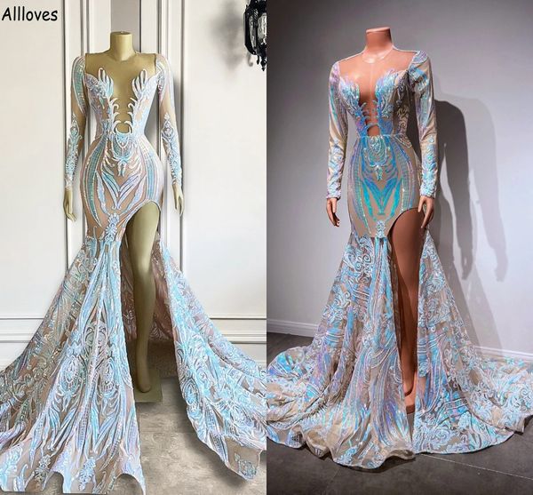 Wunderschöne Trompeten-Abendkleider mit Spitzenapplikationen und langen Ärmeln, sexy, geschlitzter Oberschenkel, eleganter Umstandsball für Damen, arabisches Aso Ebi-Kleid für den zweiten Empfang, CL2070