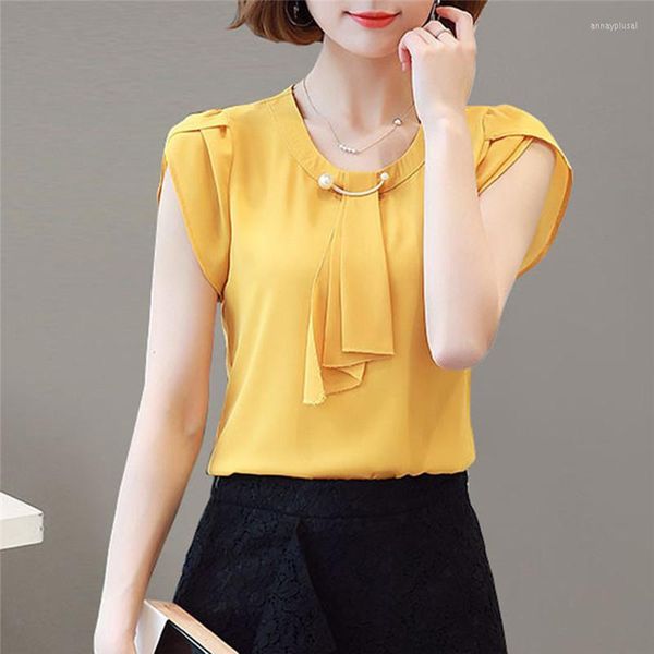 Blouses feminina camisas femininas blusa de verão feminino Camisa de chiffon trabalha com tampas esbeltas de manga curta coreana pescoço bufla amarelo vermelho
