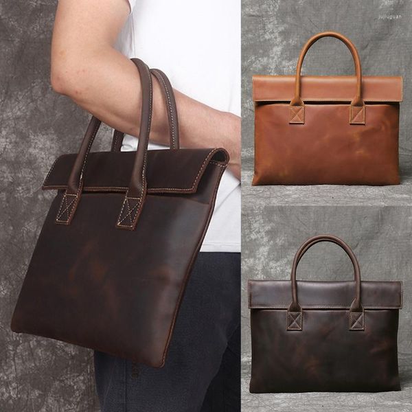 Valigette Borsa da lavoro in pelle da uomo retrò Borsa casual in pelle di vacchetta Strato superiore Borsa per tablet da lavoro Pochette sottile per laptop da 16 pollici