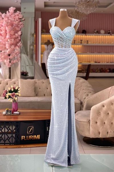 Abiti da ballo di sirene di paillettes con maniche da sera maniche da sera sexy arabo aso ebi ruched sweele sweep women women robe de soiree bc14697