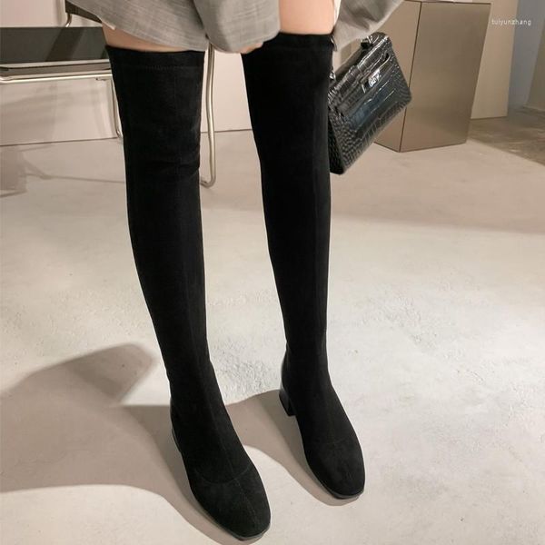Stivali da donna sopra il ginocchio coscia alta 2023 scarpe da donna invernali in pelle scamosciata tacco medio largo calzini elasticizzati taglia lunga 42 43