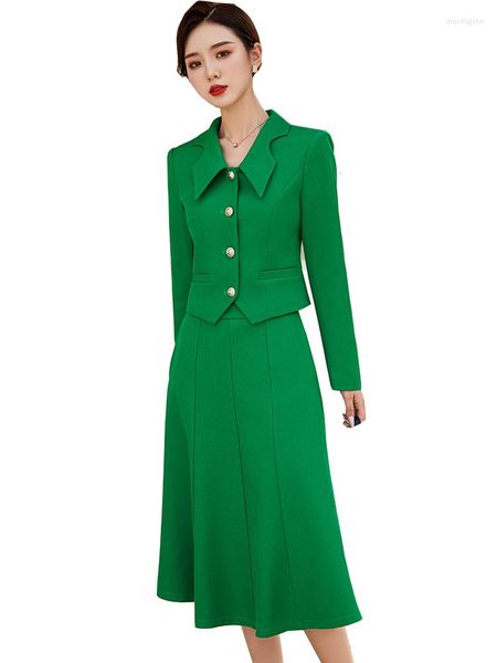 Abito a due pezzi Elegante abito da donna formale con gonna giallo blu verde nero manica lunga da donna per abbigliamento da lavoro da lavoro primavera autunno