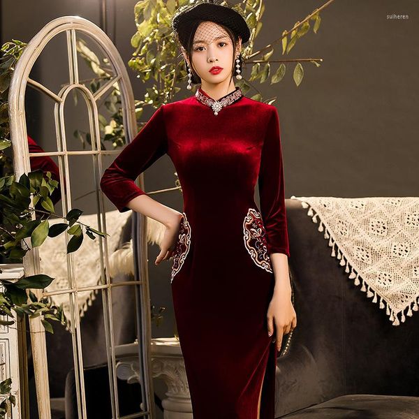 Abbigliamento etnico Velluto Donna Qipao Cinese tradizionale sottile Forcella lunga Bottone vintage Elegante abito da sera Donna Cheongsam 4XL