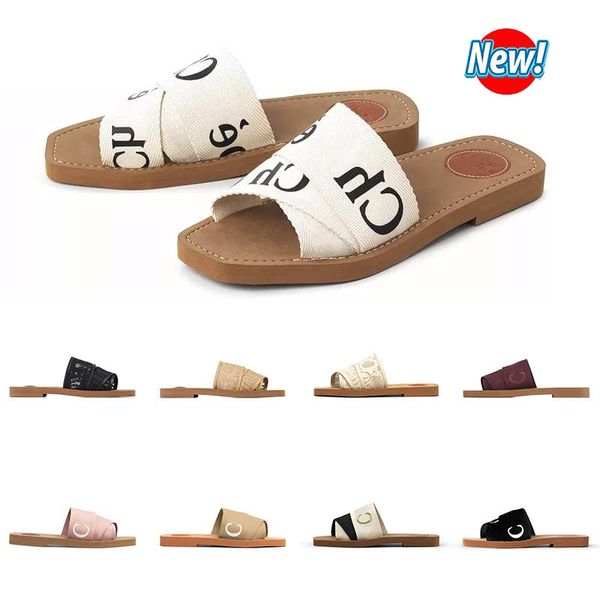 2023 Chinelos Designer Feminino Woody Flat Mules Sandálias Slides Vela Lona Rosa Azul Branco Preto Feminino Chinelo de Praia Ao Ar Livre Sapatos de Moda Plataforma Sandálias