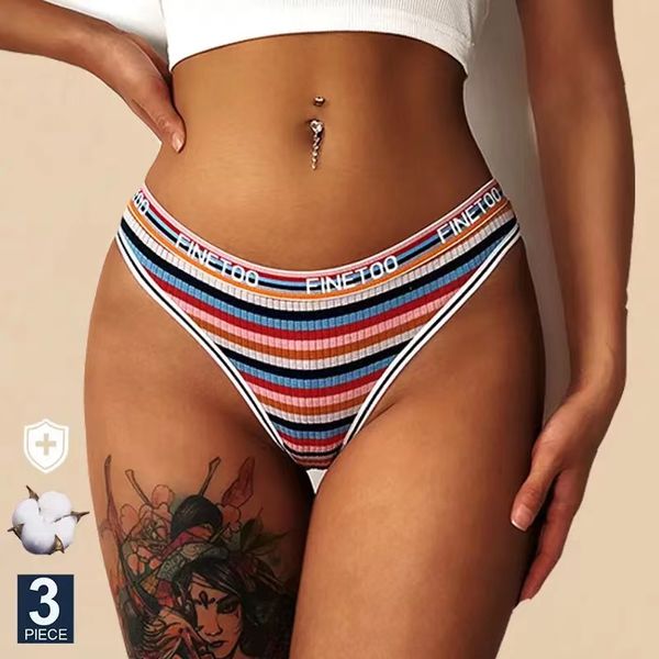 Calcinha feminina listras coloridas algodão íntimo de algodão atrevido de alto corte respirável Sexy Hipster High Elasticity Bikini Panties S-xl