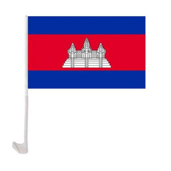 Cambogia Car Flag 30x45cm Window Clip Bandiere cambogiane Poliestere Protezione UV Decorazione auto Banner con pennone E0324