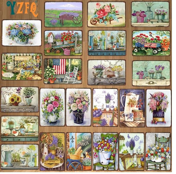 Vintage Flowers Gardens Segni di pittura in metallo Lavanda Camion Art Poster Piatto Decorazione della parete Pub Ristorante Casa Retro Country Art Farmhouse Decor Piatto 30X20 cm W03