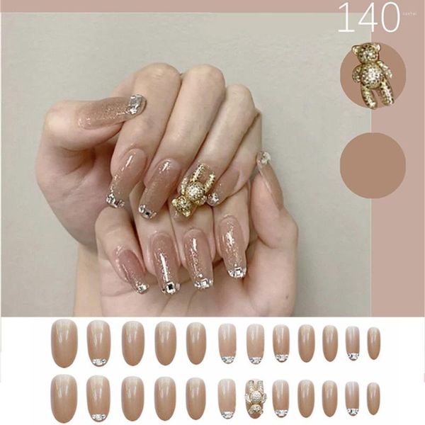 Unghie finte 24 pezzi/set oro farfalla orso design con colla sposa nail art punte manicure bellezza accessori artificiali