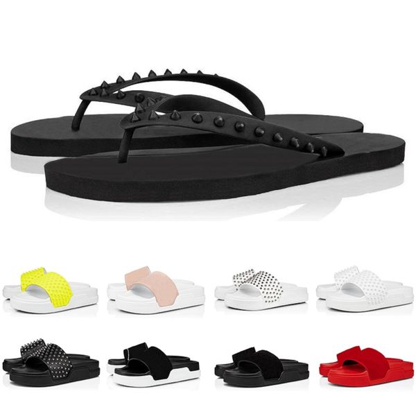 Mit Box Designer Männer Frauen Rote Sandalen Hausschuhe Männer Flip Flops Slipper Sommer Pool Slides Fahison Damen Herren Nieten Nieten Wildleder Sandalen Gummi Slipper Schuhe 38-46