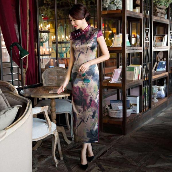 Ethnische Kleidung Frühling Sommer Frauen Baumwolle Kurzarm Qipao Druck Dame Chinesische Traditionelle Party Kleid Weibliche Lange Gabel Sexy Cheongsam