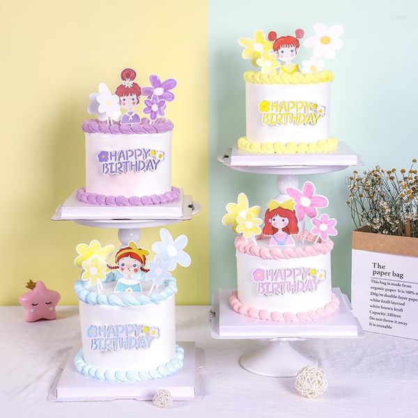 FESTIVOS FLORES FLORES FOLAS BOLO Topper Bristenque Kids Yellow Purple Feliz Aniversário Acessórios Ferramentas de Acessórios para Cupcakes