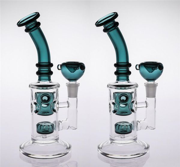 Green Bent Neck Bong Recycler Dab Rig Tubo da fumo Bong in vetro 14mm Joint Bowl Jet Perc Bong in vetro per acqua Diffusore a fessura in linea