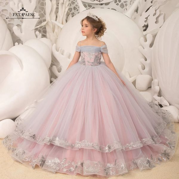 2023 Tüll-Ballkleid für Kleinkinder, Blumenmädchenkleider, geschichtete Rüschen, Paspeln, lila, kleines Glitzer-Mädchen-Festzug-Kleid BC14832 A0324