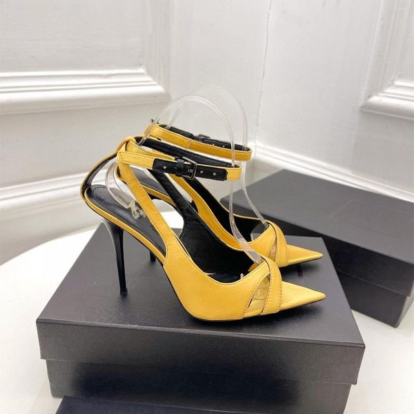 Sandali Casual Designer Donna Scarpe Yellow Satin Strappy Pointy Peep Toe Tacchi alti Sandalias De Las Mujeres Mujer Zapatos