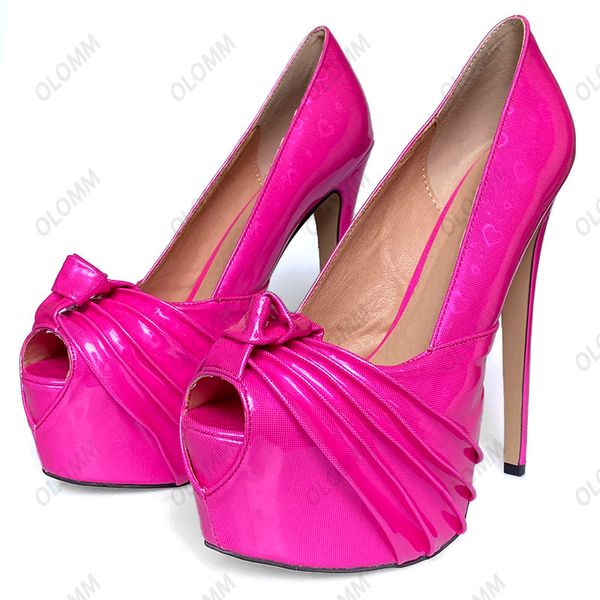 Olomm Women Glossy Pumps Brilhante Em Forma de Coração Salto Ultra Alto Peep Toe Lindo Fúcsia Azul Sapatos Night Club Feminino Tamanho EUA 5-20
