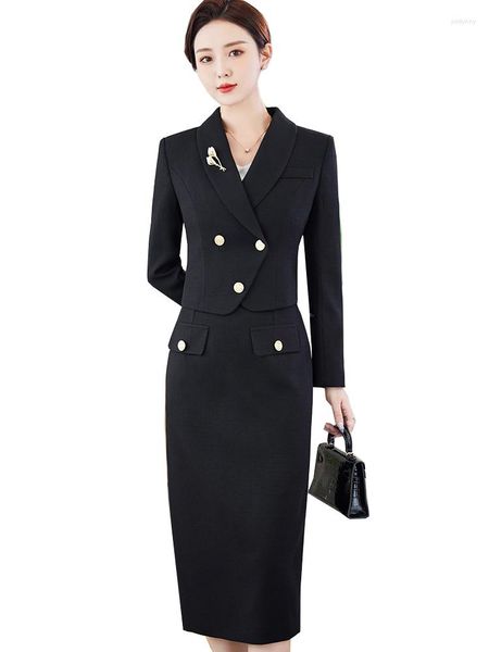 Zweiteiliges Kleid, elegantes Büro-Damen-Formal-Rock-Anzug, weiß, blau, schwarz, langärmelig, Damen-Set für Frühling und Herbst, Business-Arbeitskleidung