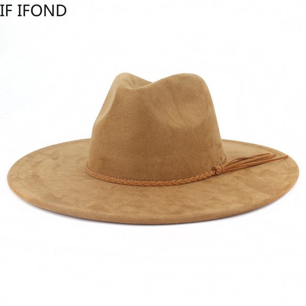 Cappelli a tesa larga in pelle scamosciata classica 9,5 cm cappello Fedora a tesa larga per donna uomo chiesa cappelli jazz matrimonio decorare abito formale cap 230324