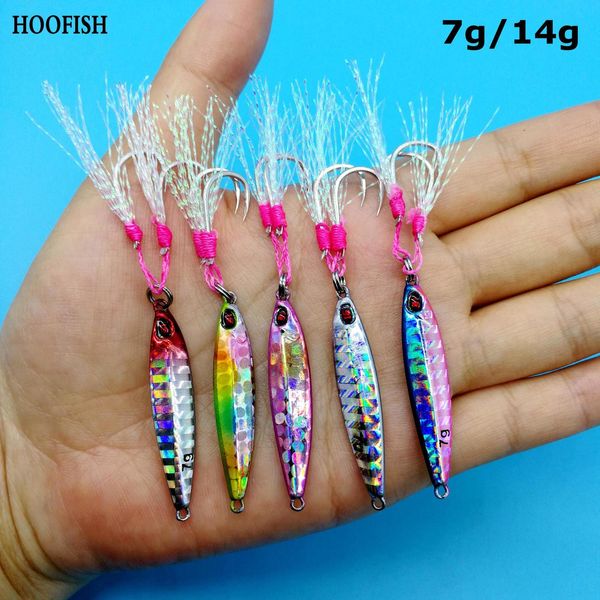 Esche Esche HOOFISH 10 PZ/LOTTO Micro Jigging Metal Jig Lure Esca Dura 7g/10g/14g/21gDoppio Gancio Singolo Esche Artificiali Jigbait FishingTackle 230324