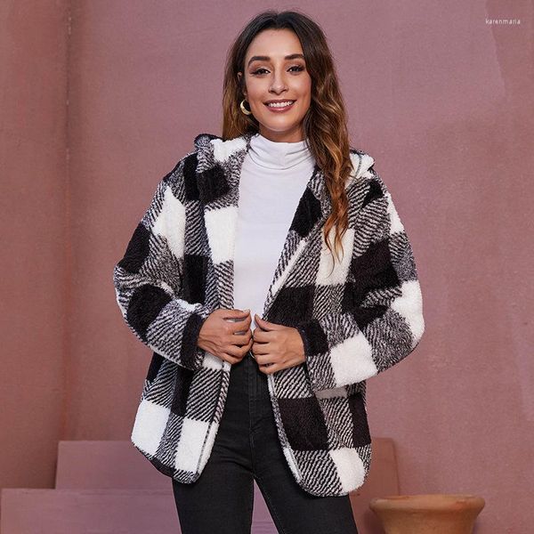 Damenjacken Herbst Winter Mit Kapuze Tasche Lässige Lose Mäntel Jacke Frauen Elegant Plaid Dicke Flanell Mode Strickjacke Outwear Weiblich