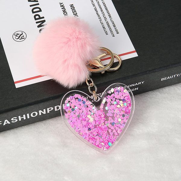 Schlüsselanhänger 1 stück nette frauen acryl rosa herz glitzer ausgehöhlte handtasche charms mit puffer ball geschenke