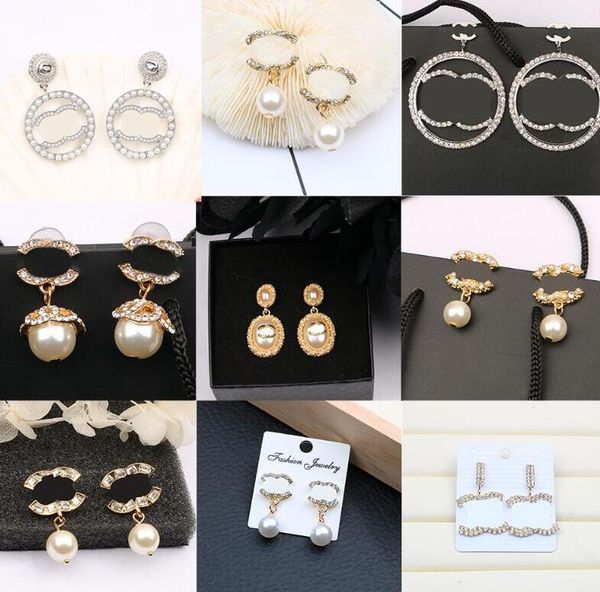 23ss 20style Designer Lange Baumeln Kronleuchter Buchstaben Ohrstecker 18 Karat vergoldet 925 Silber Mode Frauen Kristall Strass Perlenohrring Hochzeit Party Schmuck