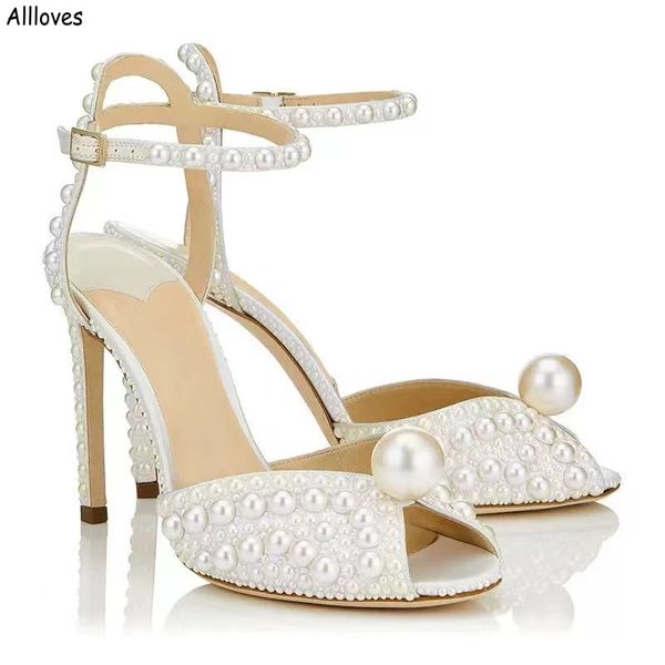 Designer-Hochzeitsschuhe mit elfenbeinfarbenen Perlen für Bräute, elegante offene Zehen, Knöchelriemen, dünner Absatz, Pumps, Abendgesellschaft, Damenschuhe, Brautsandalen, große Größe, AL9726