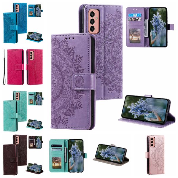 Custodie a portafoglio in pelle con fiori di pizzo Totem per Samsung M14 A24 A54 5G A04E A34 A23E Moto E14 4G G Power 2023 G Stylus G53 Custodia a fogli mobili con stampa Mandala in rilievo Datura