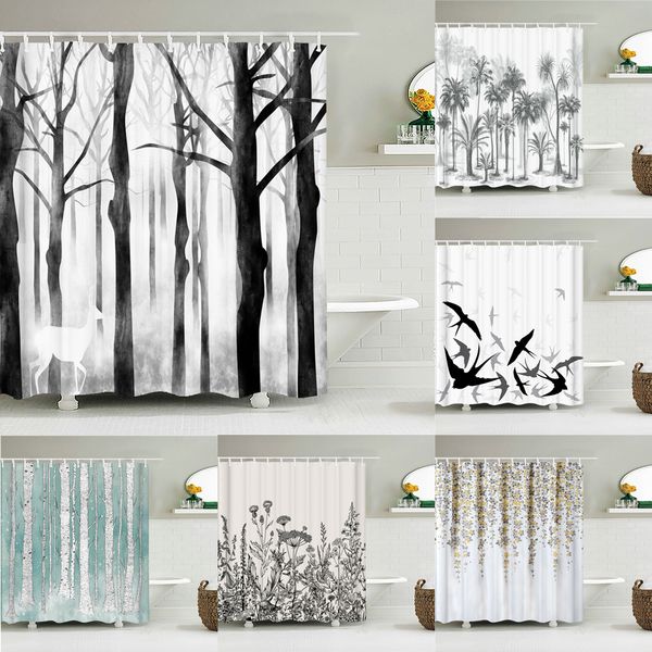 Cortinas de chuveiro Árvore de tecido impermeável folhas de bétula branca banheiro grande 240x180 3d Corta de decoração de impressão tela 230324