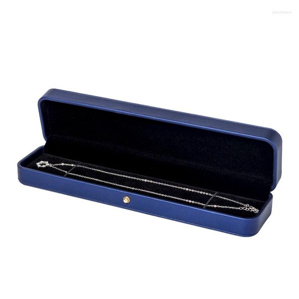 Bolsas de jóias recomendaram a caixa de corrente longa azul pura para presentes preferenciais de botão de ouro de couro pu preferido