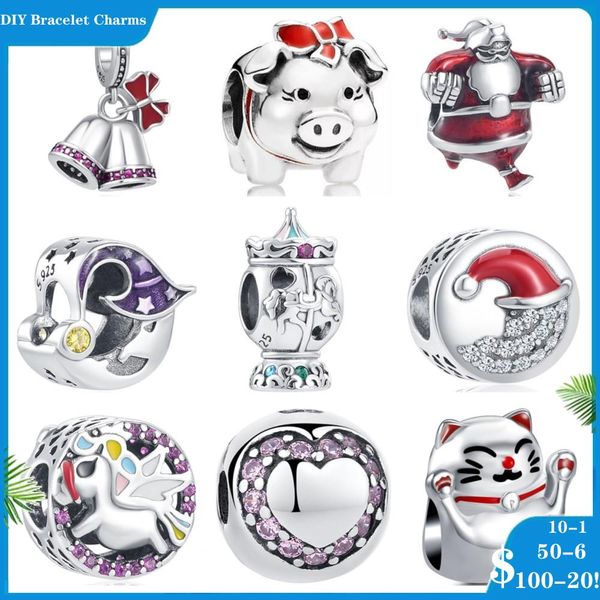 925 Siver Boncuklar Pandora Charm Bilezikler İçin Takılar Kadınlar İçin Tasarımcı Noel Baba Domuz Karousel Çanları Kadın Mücevherleri için Berloque Yapmak
