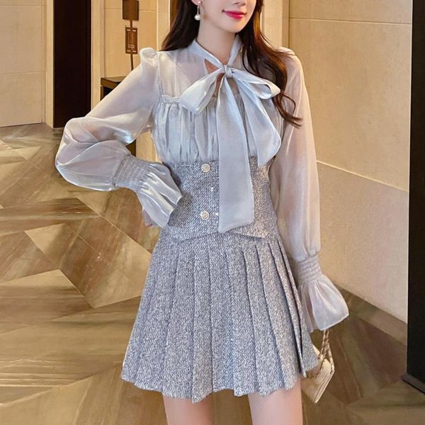 Frauen Trainingsanzüge Herbst Süße Koreanische Elegante Zwei Stück Set Frauen Bogen Tweed Patchwork Chiffon Bluse Top Mini Rock Anzüge OutfitsWomen's