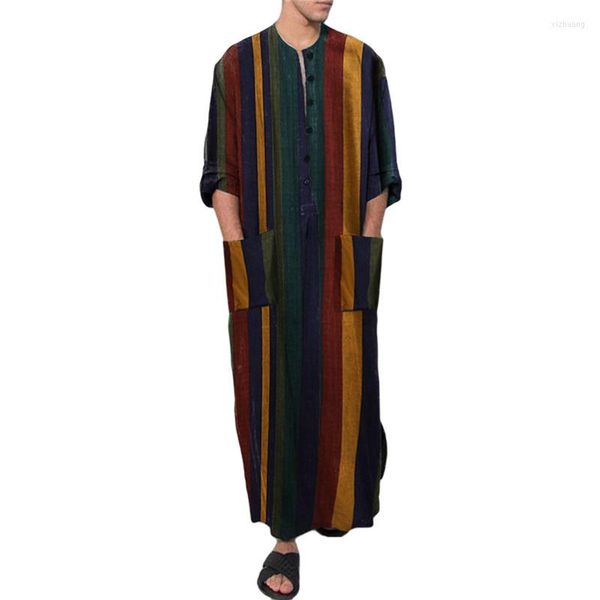 Magliette da uomo Abito musulmano Abito intero a maniche lunghe a righe colorate con tasche e bottoni per l'autunno estate