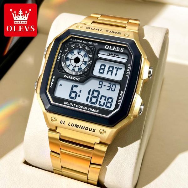 Armbanduhren Goldene Edelstahl Männer Digitaluhren 50M Wasserdichte Stoppuhr Countdown Leuchtende Wecker Sport Elektronische Uhr Mann