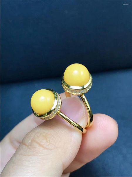 Cluster-Ringe, hochwertiger 925er-Silber-eingelegter Honigwachs-Ei-Gesichtsring, echter natürlicher gelber Bernstein, einziehbare weibliche Modelle