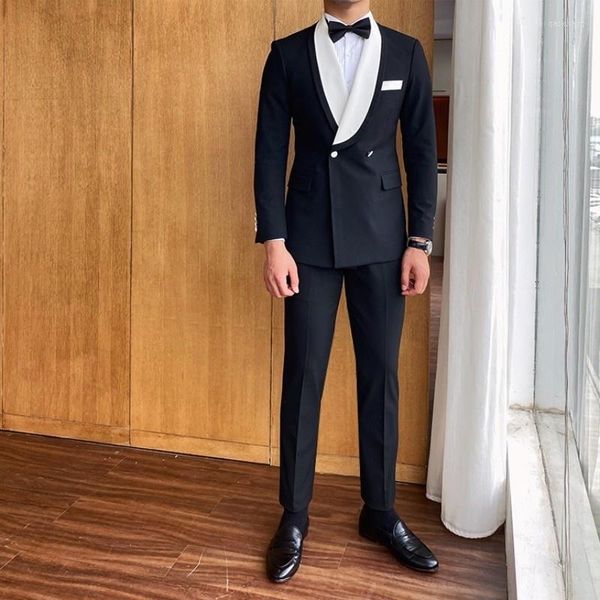 Festa de banquetes de ternos masculinos elegantes trajes formais de vestido de duas peças conjunto preto de retalhos de retalhos de moda blazers calças de casamento masculino macho