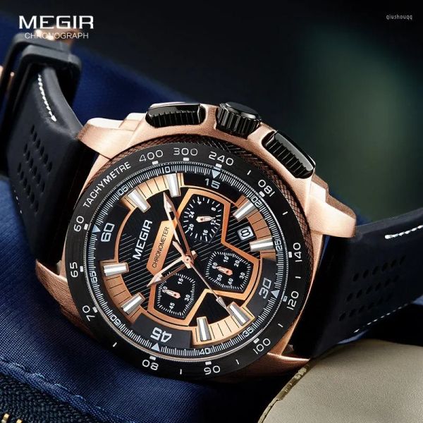 Armbanduhren Megir Chronograph Casual Herrenuhren Quarz Militär Sportuhr Schwarz Silikon Herrenarmbanduhr Männliche Uhr