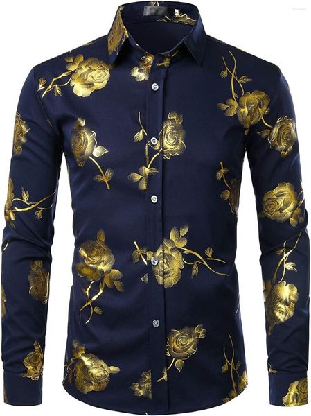 Herrenhemden Herren Gold Glitzer Paisley Nachtclub 3D-Rosendruck Button-Down-Partyhemd Langarmhemd für Männer
