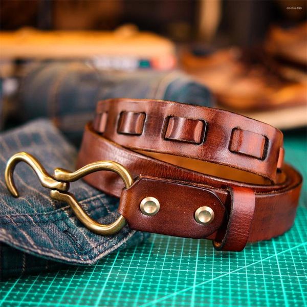 Cinture Cintura in vera pelle di alta qualità per uomo Fibbia a gancio in ottone fatta a mano Vintage Luxury Designer Cowboy Jeans Strap Cintos Man