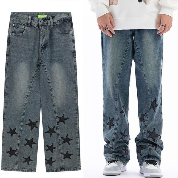 Jeans masculinos Harajuku Vintage Blue Star Pattern Loose Homem Y2K Rua Rua Gótico Punk Grandes Calças Casuais Bermudas