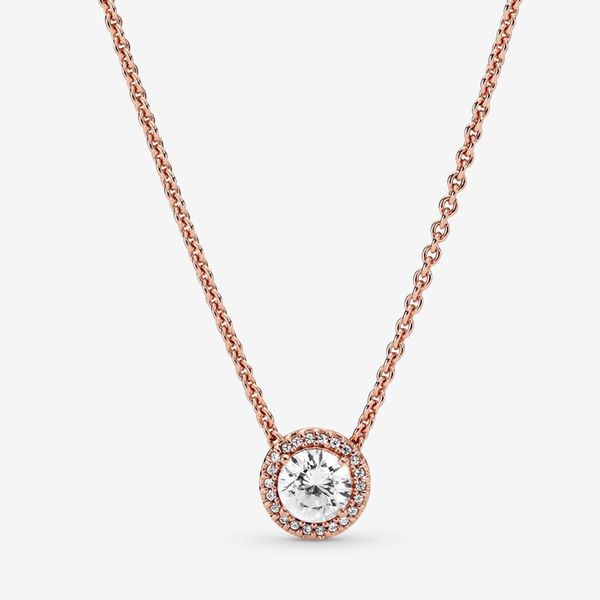 Collana Halo Sparkle rotonda in oro rosa 18 carati per Pandora Gioielli in argento sterling 925 di design per matrimoni per donne Collane con diamanti CZ con cofanetto originale