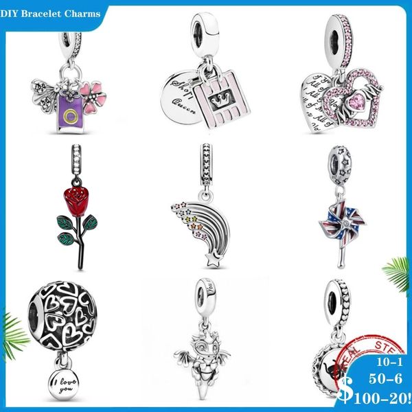 925 Siver Boncuklar Pandora Charm Bilezikler İçin Takılar Kadınlar İçin Tasarımcı Renkli Gökkuşağı Openwork Love Hearts
