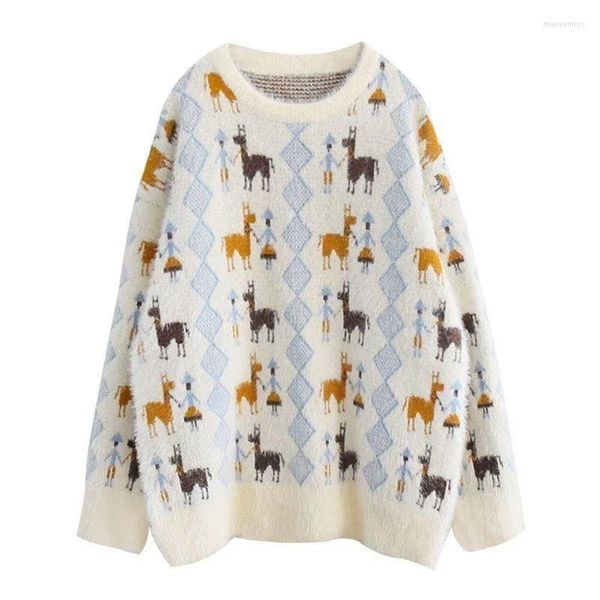 Maglioni da donna Jacquard Chirstmas Vintage Pullover di peluche Modello di cane Girocollo Top in maglia Abiti invernali spessi Moda coreana