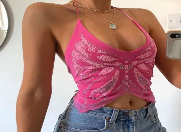 Women039s tanques camis y2k sexy feminino colheita topos rosa halter lantejoulas borboleta v pescoço tanque topo 2022 moda bonito verão 90s cor1720097