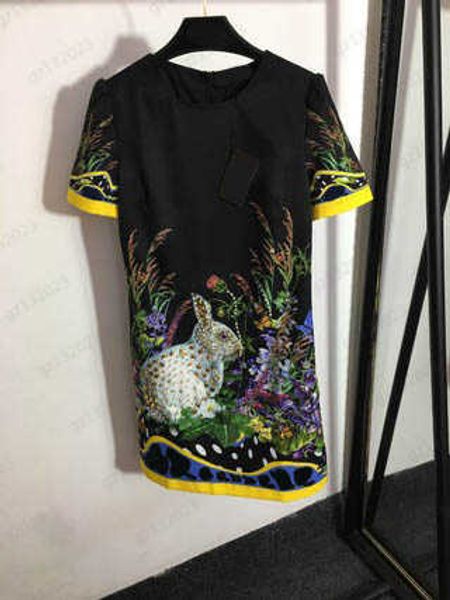 Vestidos das mulheres quente broca coelho impressão tripulação pescoço vestido de manga curta volta zíper aberto designer de luxo casual moda maxiskit vestido elegante